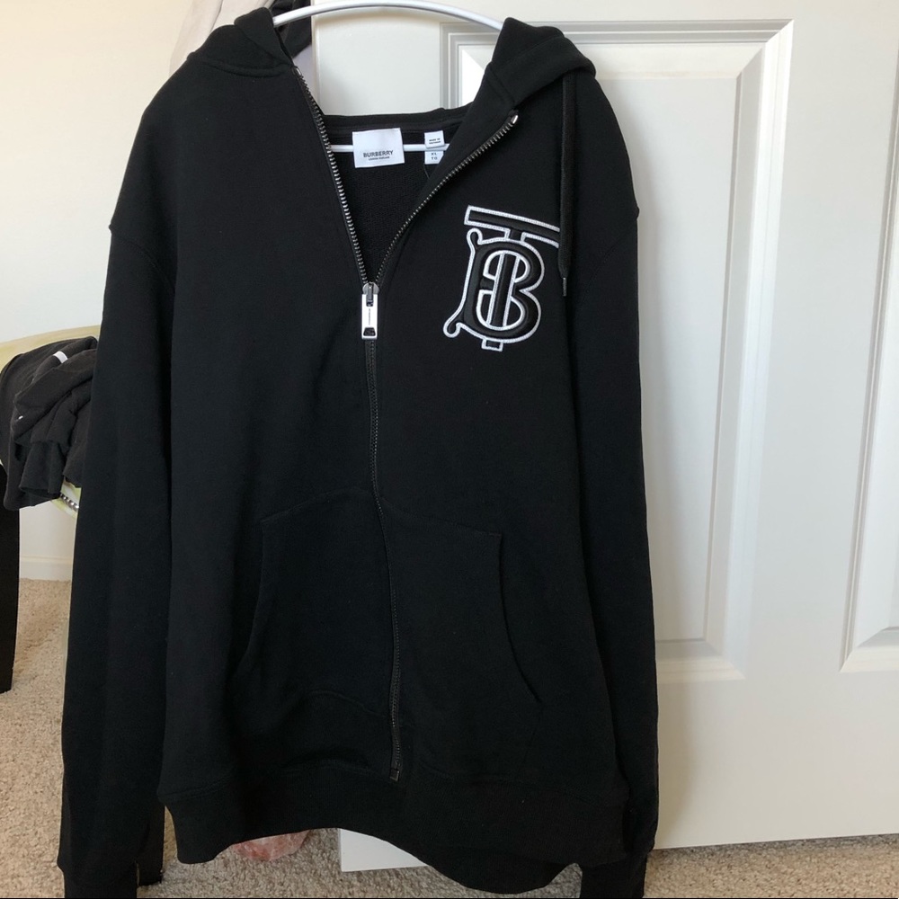 Authentic Burberry TB Logo Zip Up Hoodie Sweatshirt Black Extra Large Oversized